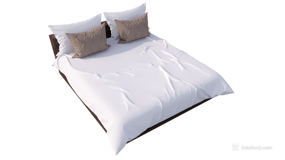 Modern Double Bed With White Bed Sheets Brown Cushions And White Pillows 3d model 