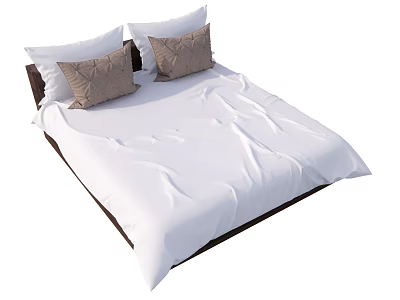Modern Double Bed With White Bed Sheets Brown Cushions And White Pillows 3d model
