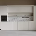 Modern Minimalist Kitchen Cabinetry with White Built-in Cabinets Marble Countertop and Integrated Oven