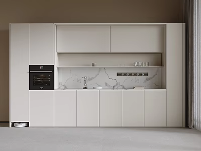 Modern Minimalist Kitchen Cabinetry with White Built-in Cabinets Marble Countertop and Integrated Oven 3d model