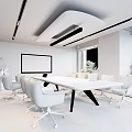 Modern Conference Room With Long Wooden Table Ergonomic Chairs Large Screen Green Plants And Windows