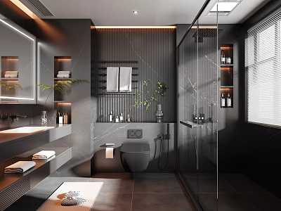 Luxury Modern Bathroom Design With Glass Shower Enclosure Marble Walls Vanity And Green Plants 3d model