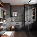 Luxury Modern Bathroom Design With Glass Shower Enclosure Marble Walls Vanity And Green Plants