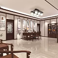 Traditional Chinese Massage Room Interior with Wooden Furniture Decorative Paintings and Lattice Windows