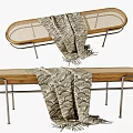 Stylish Wooden Footstool With Metal Frame And Patterned Blanket For Living Room Decor