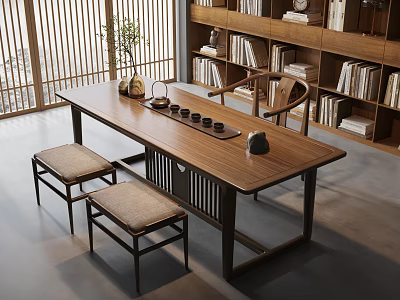 Modern Chinese Solid Wood Tea Table and Chairs with Tea Set Near Bookshelf and Window 3d model
