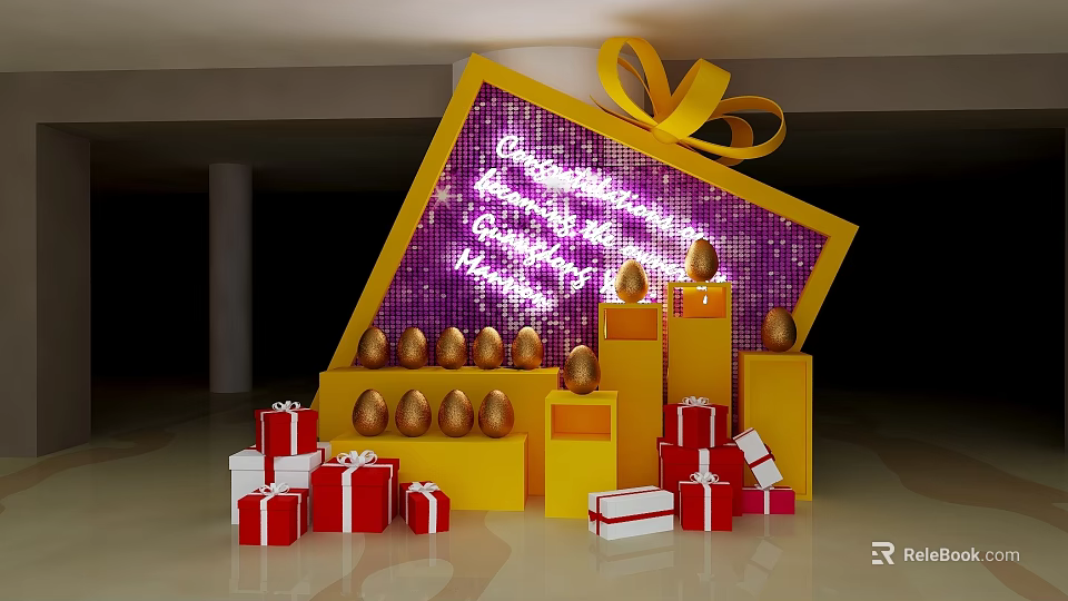 Colorful Gift Display With Golden Eggs Red Boxes And Purple Background 3d model 