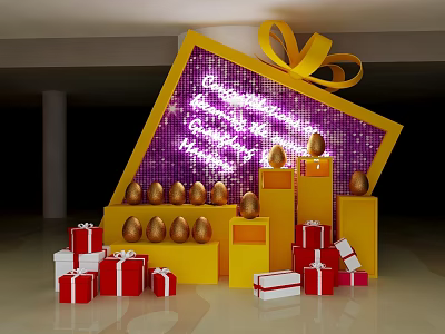 Colorful Gift Display With Golden Eggs Red Boxes And Purple Background 3d model