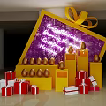 Colorful Gift Display With Golden Eggs Red Boxes And Purple Background
