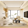 Modern Living Room Interior With White Sofa Round Coffee Table Plants And Large Window
