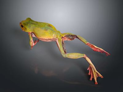 Green Frog With Red Legs Feet Yellow Green Gradient Body Stretching Mid Jump Dark Background 3d model