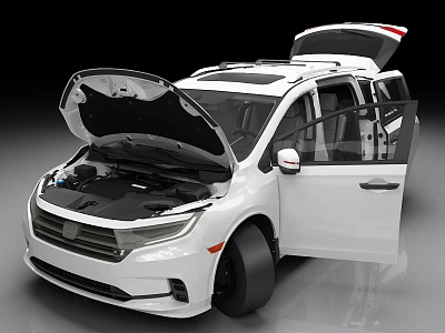 White MPV Vehicle With Open Hood And Doors Revealing Engine Compartment 3d model
