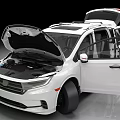 White MPV Vehicle With Open Hood And Doors Revealing Engine Compartment
