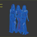 Three Women In Blue Red Off Shoulder Long Dresses With High Slit Against Gray Background