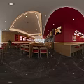 Bright Modern Restaurant Interior With Red Walls Wooden Tables And Pendant Lights