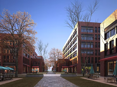 Red Brick Multi Story Office Building With Trees Lawn And Outdoor Seating 3d model