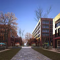 Red Brick Multi Story Office Building With Trees Lawn And Outdoor Seating