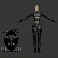 Futuristic Game Character With Blonde Short Hair Black Tight Outfit And Neon Lighted Vehicle