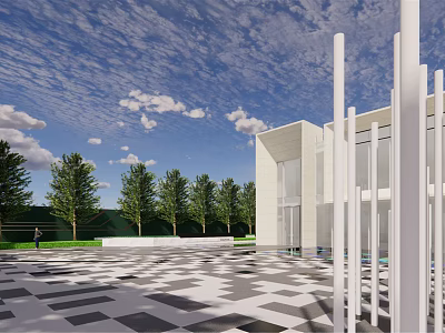 Modern Commercial Landscape With White Architectural Structures Geometric Plaza Trees And Open Sky 3d model