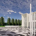 Modern Commercial Landscape With White Architectural Structures Geometric Plaza Trees And Open Sky