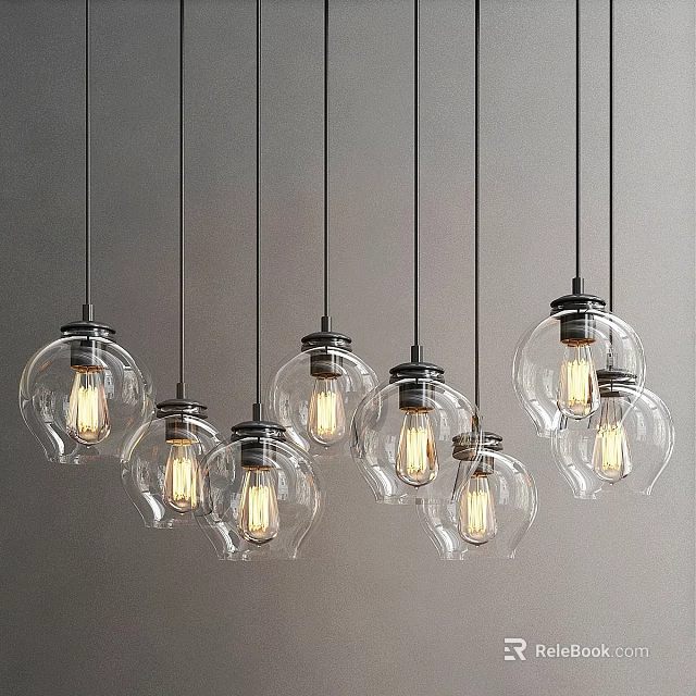 Stylish Modern Glass Pendant Lights With Illuminated Bulbs On Grey Backdrop 3d model 