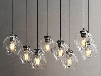 Stylish Modern Glass Pendant Lights With Illuminated Bulbs On Grey Backdrop 3d model