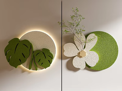 Creative Circular Wall Decor with Lighted Leaves and White Flower on Green Base with Twig 3d model
