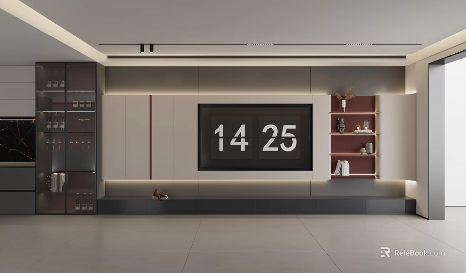 Modern Living Room Interior with Large Digital Clock Glass Door Cabinets and Red Open Shelves 3d model 