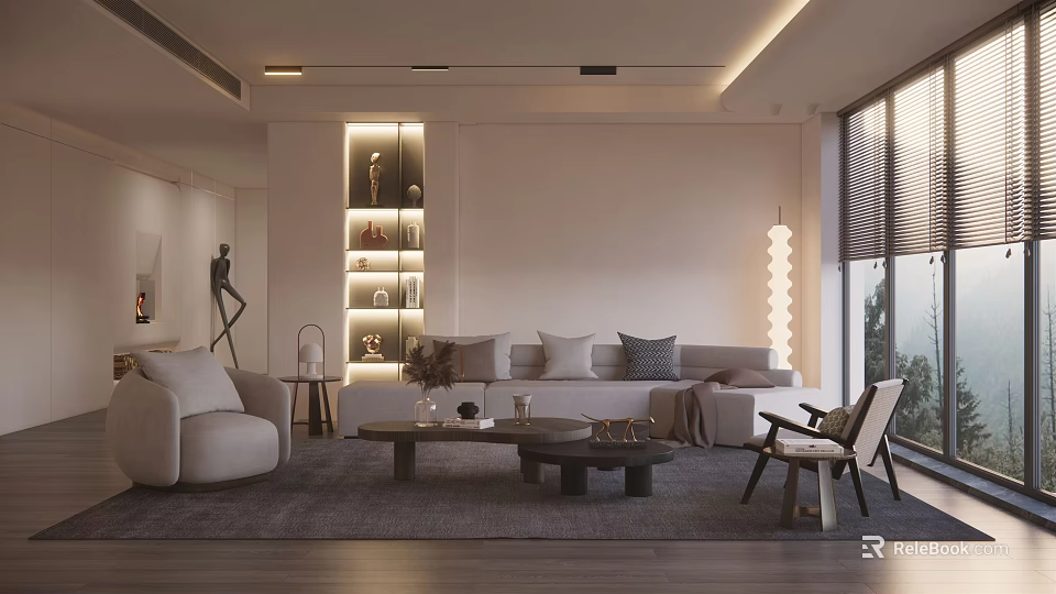 Modern Living Room Interior Design With Light Colored Sofa Wooden Coffee Table And Illuminated Shelving 3d model 