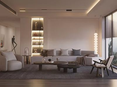 Modern Living Room Interior Design With Light Colored Sofa Wooden Coffee Table And Illuminated Shelving 3d model