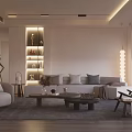 Modern Living Room Interior Design With Light Colored Sofa Wooden Coffee Table And Illuminated Shelving