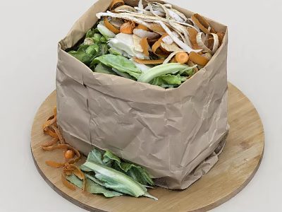 Fresh Salad In Brown Paper Bag Containing Green Vegetables Chicken Strips Carrot On Wooden Tray 3d model
