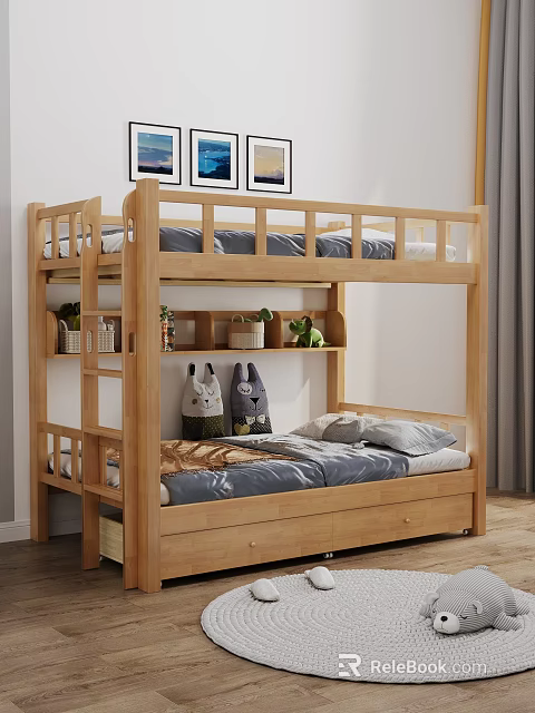Wooden Bunk Bed With Gray Mattress Storage Shelf Plants And Stuffed Toys 3d model 