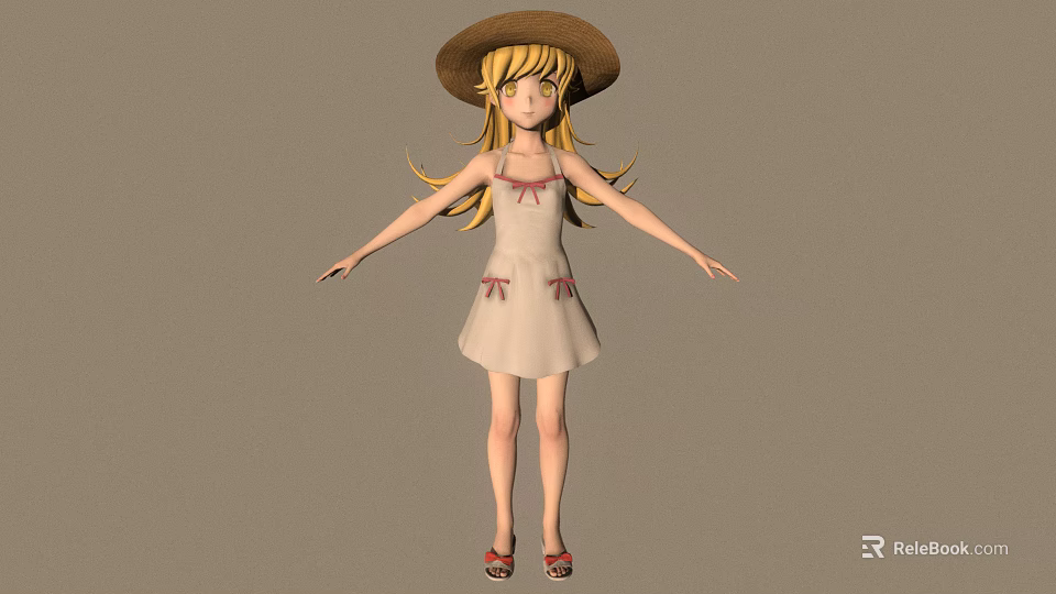 Cartoon Girl With Straw Hat Long Yellow Hair In Light Dress And Red Sandals 3d model 