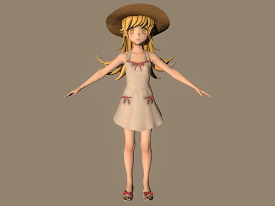Cartoon Girl With Straw Hat Long Yellow Hair In Light Dress And Red Sandals 3d model