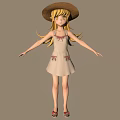 Cartoon Girl With Straw Hat Long Yellow Hair In Light Dress And Red Sandals