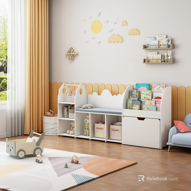 White Cloud Design Bookshelf In Kids Room With Storage Drawers Toys Carpet And Window 3d model 