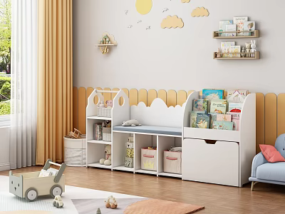 White Cloud Design Bookshelf In Kids Room With Storage Drawers Toys Carpet And Window 3d model