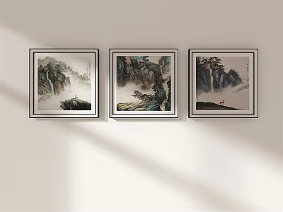 Three Framed Traditional Landscape Paintings With Mountains Water And Mist On White Wall 3d model