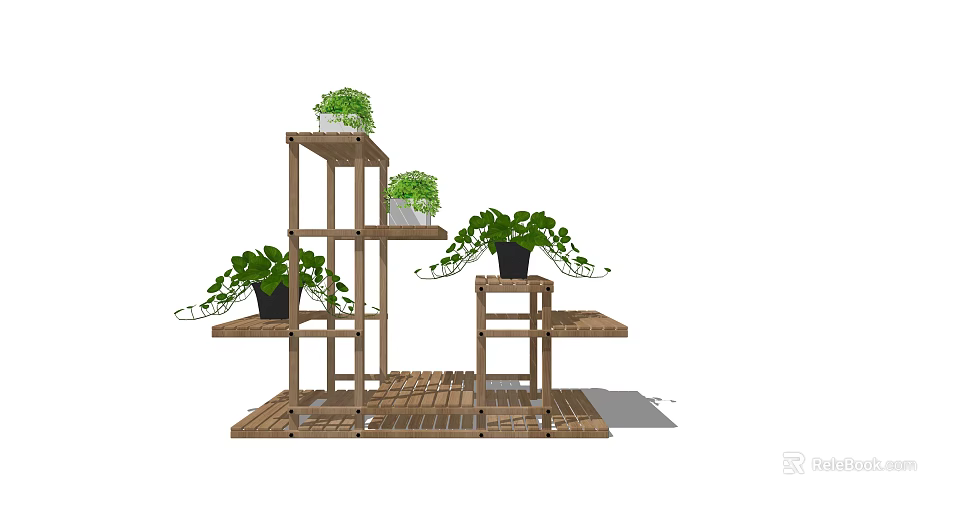 Garden Decor Elegant Wooden Multi Tiered Shelf With Green Plants And Platform 3d model 