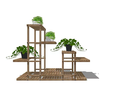 Garden Decor Elegant Wooden Multi Tiered Shelf With Green Plants And Platform 3d model