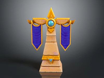 Ornate Stone Pillar With Golden Accents Blue Gem And Purple Banners 3d model