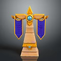 Ornate Stone Pillar With Golden Accents Blue Gem And Purple Banners