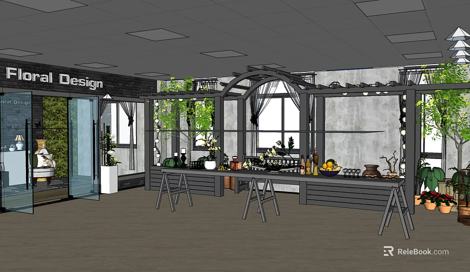 Modern Design Store Interior With Green Plants Display Shelves Tables And Decorations 3d model 