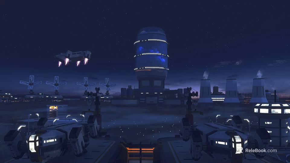 Futuristic Sci Fi Cityscape With Illuminated Tower And Flying Spaceship At Night 3d model 