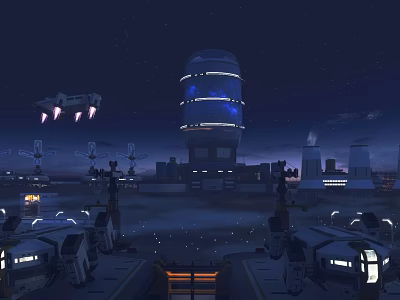 Futuristic Sci Fi Cityscape With Illuminated Tower And Flying Spaceship At Night 3d model