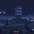 Futuristic Sci Fi Cityscape With Illuminated Tower And Flying Spaceship At Night