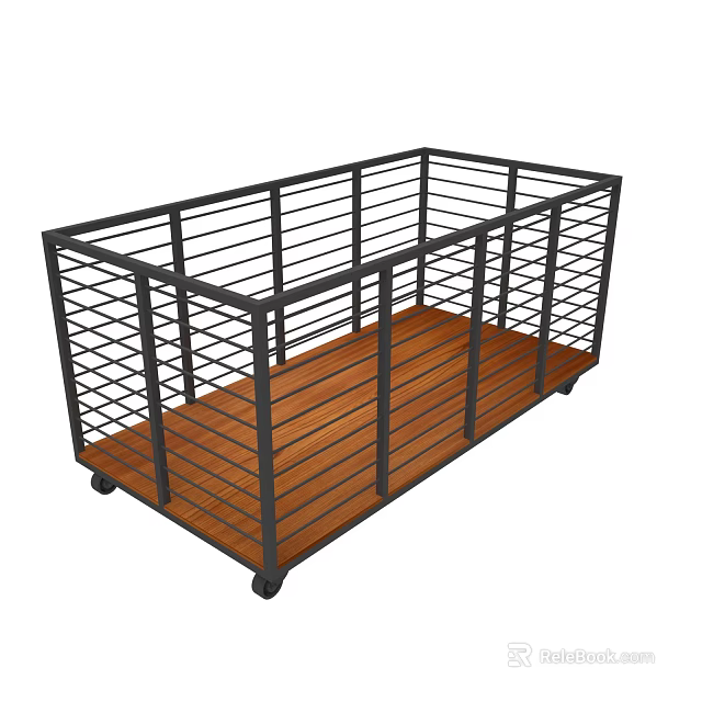 Heavy Duty Mobile Platform Cart With Metal Railings And Wooden Base 3d model 