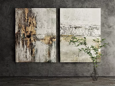 Gray White Gold Abstract Wall Art With Textured Canvas And Decorative Vase Green Leaves 3d model