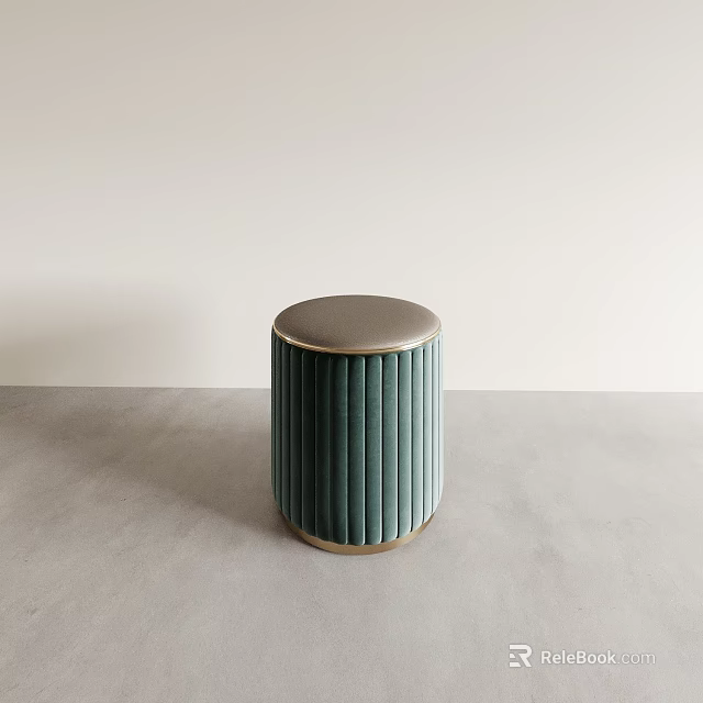 Modern Green Ribbed Cylindrical Ottoman With Metallic Round Top For Living Room 3d model 